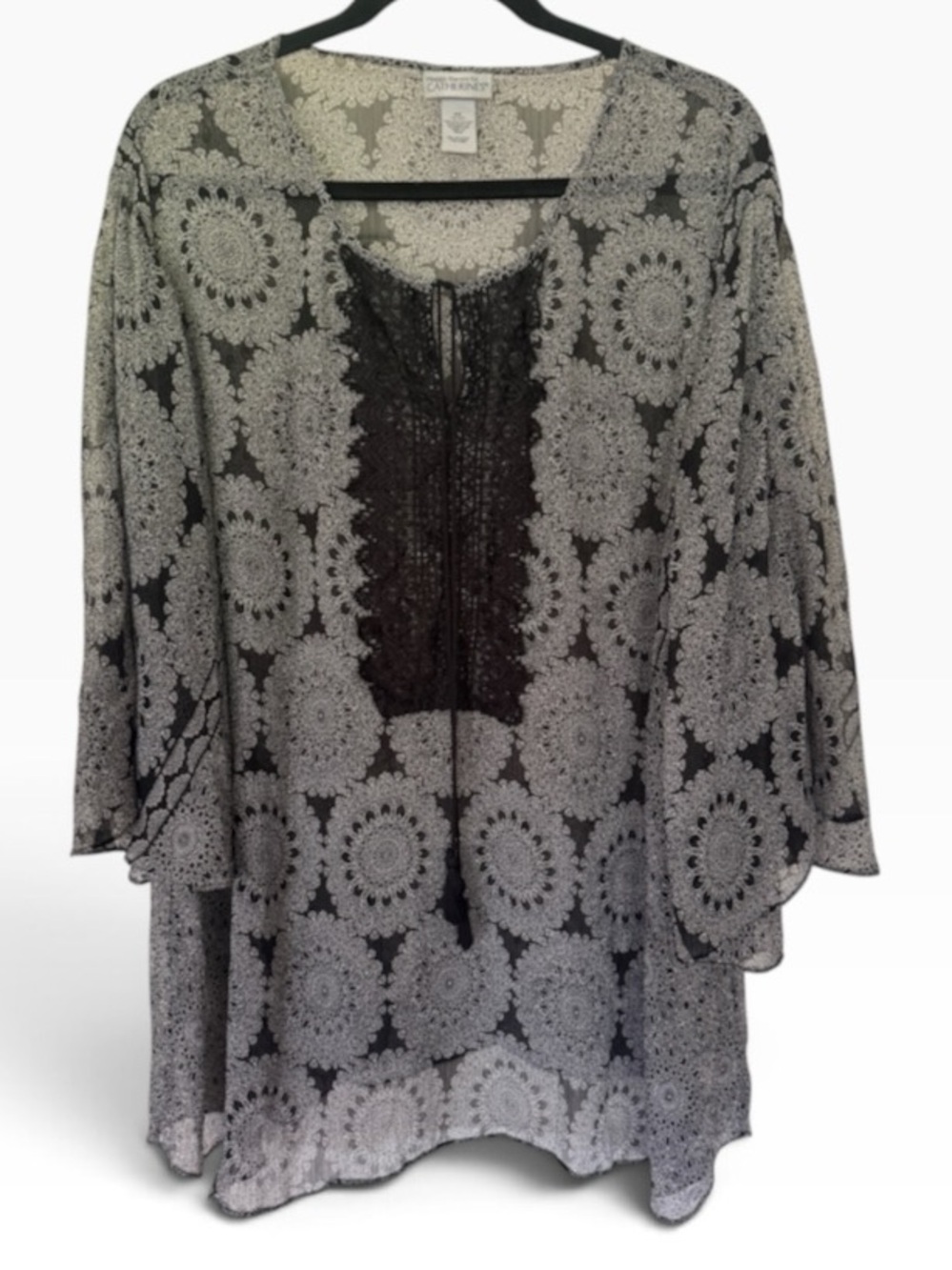 Maggie Barnes Catherine’s Medallion Print Sheer Tunic Blouse Black Gray Sz 4X